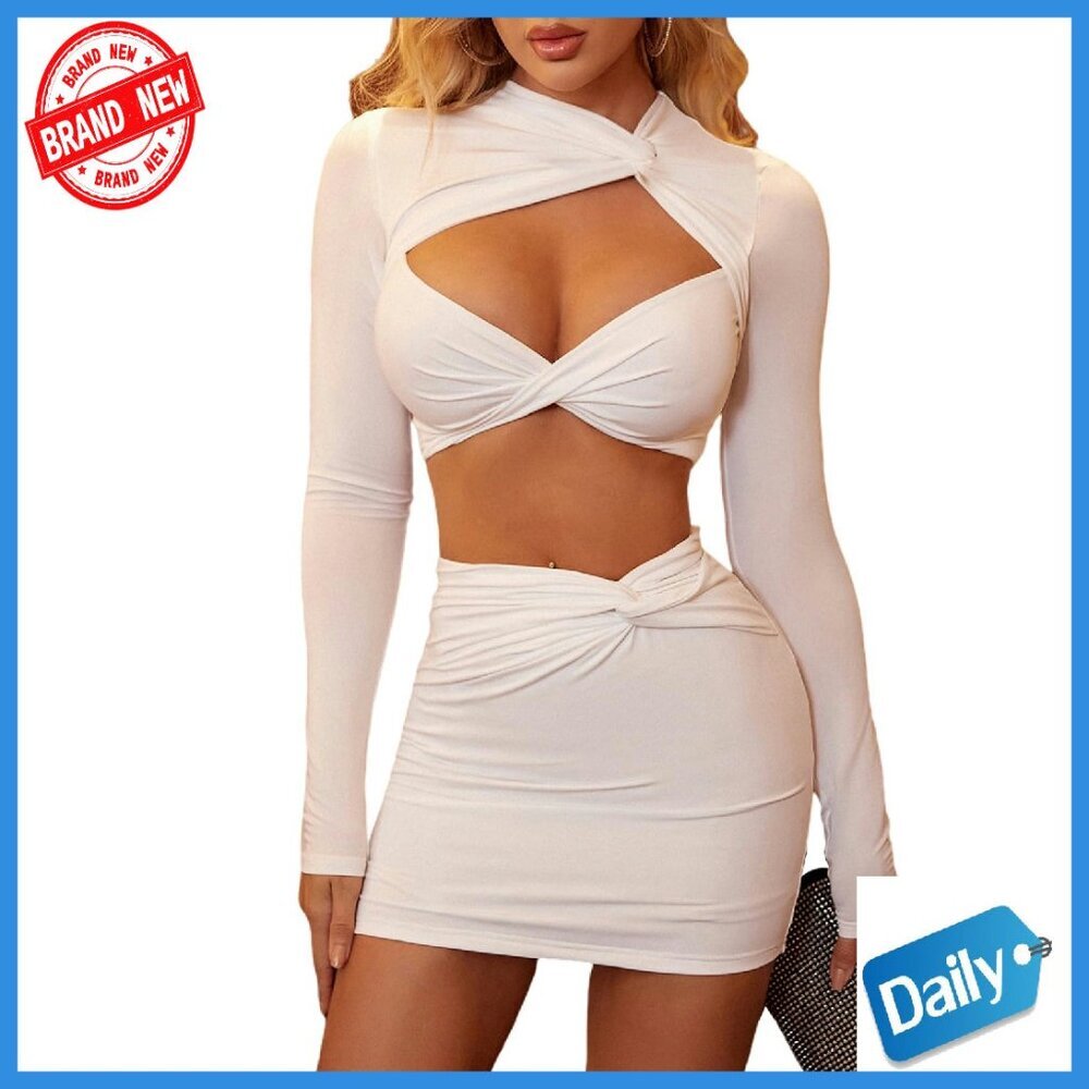 Sexy Long Sleeve Crop Top & Mini Skirt Set Cut Out Twist Front Bodycon